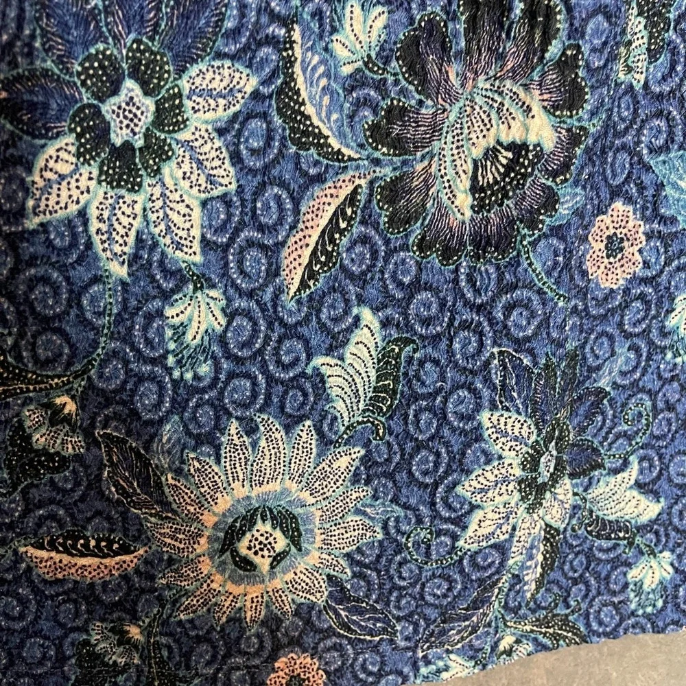 LOFT Women Floral A-Line Stretchy Knit Ruffle Puff Sleeve Office Top M Blue